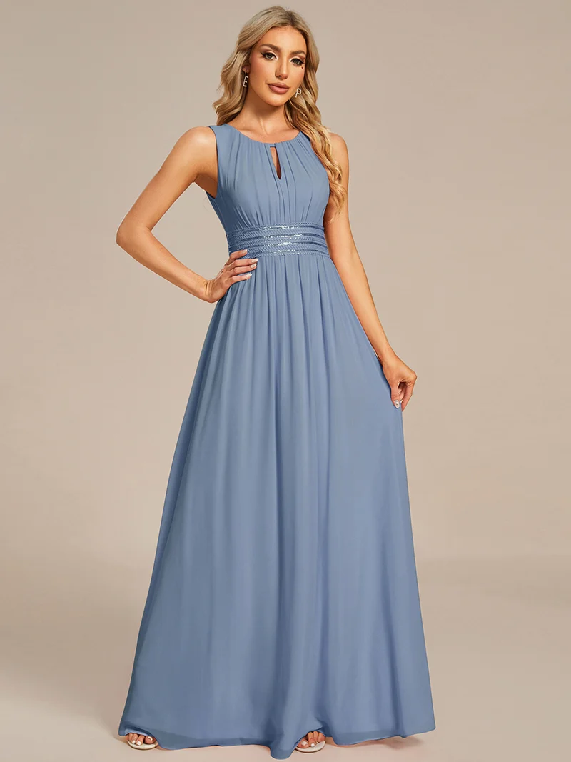 Robe De Demoiselle D'honneur Trapèze Simple Sans Manches En Mousseline Avec Détails Ajourés