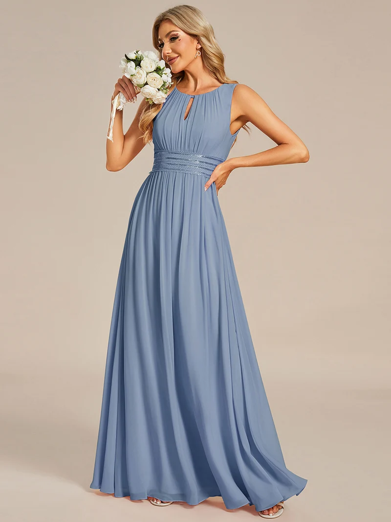 Robe De Demoiselle D'honneur Trapèze Simple Sans Manches En Mousseline Avec Détails Ajourés