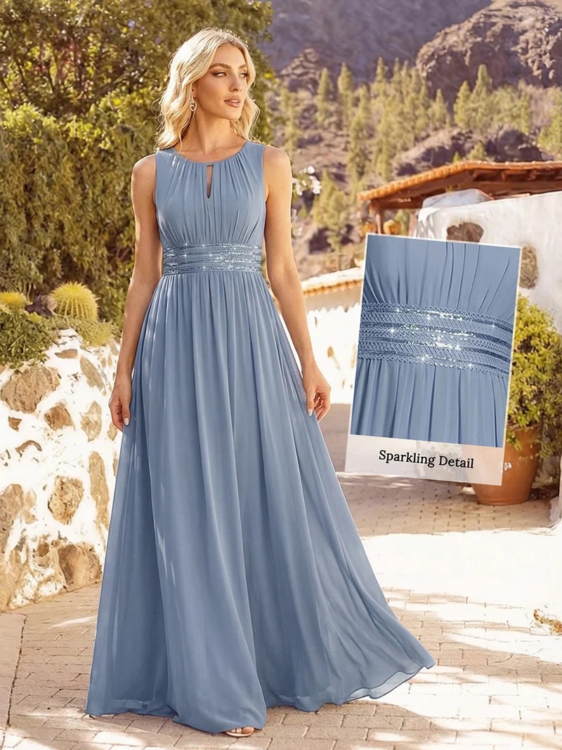 Robe De Demoiselle D'honneur Trapèze Simple Sans Manches En Mousseline Avec Détails Ajourés