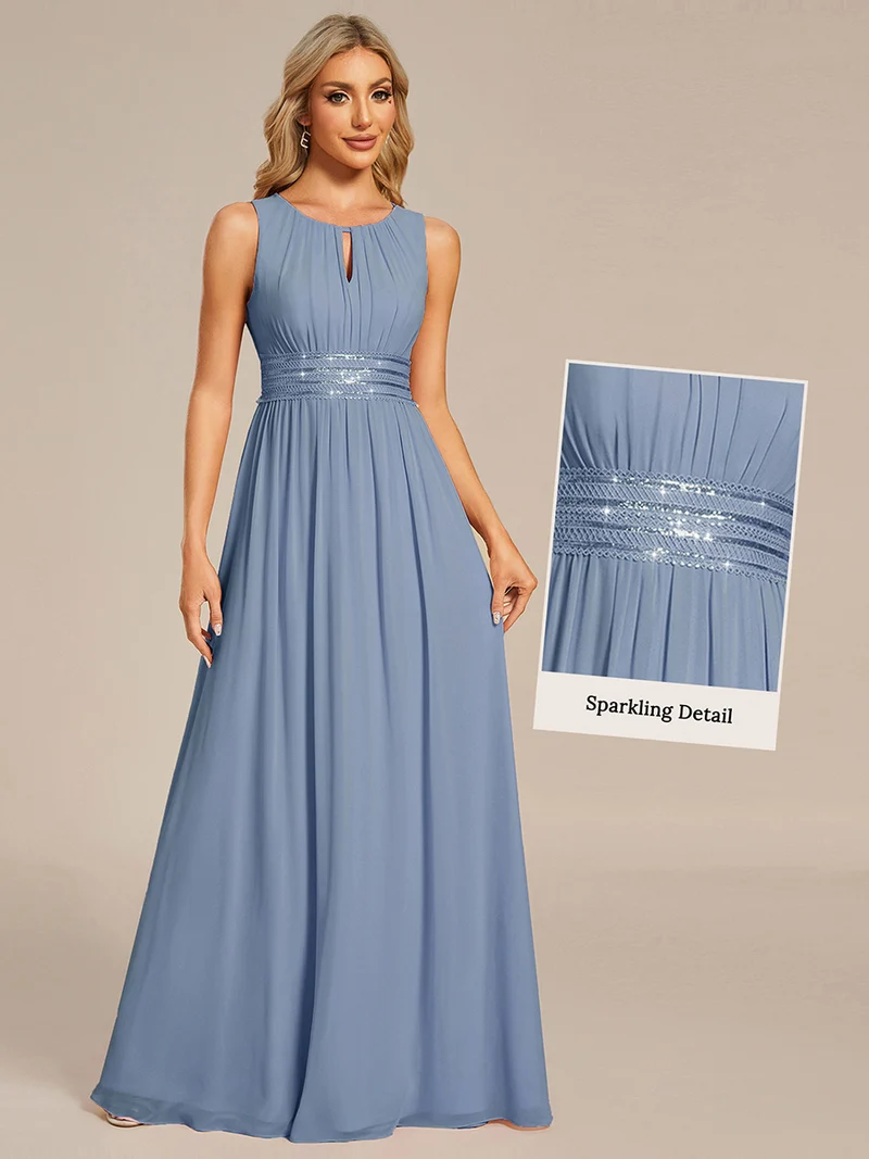Robe De Demoiselle D'honneur Trapèze Simple Sans Manches En Mousseline Avec Détails Ajourés
