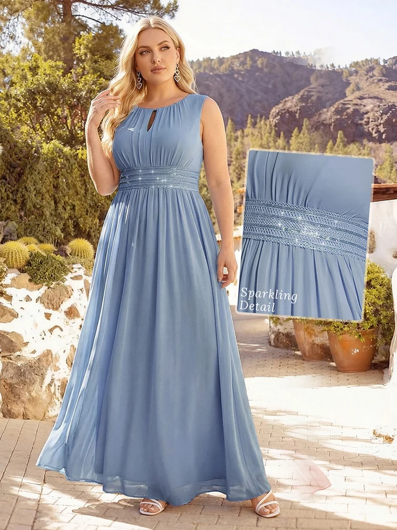 Robe De Demoiselle D'honneur Trapèze Simple Sans Manches En Mousseline Avec Détails Ajourés