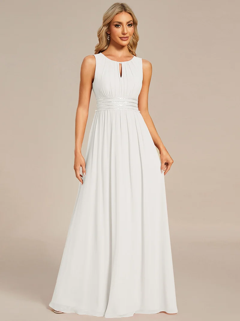 Robe De Demoiselle D'honneur Trapèze Simple Sans Manches En Mousseline Avec Détails Ajourés