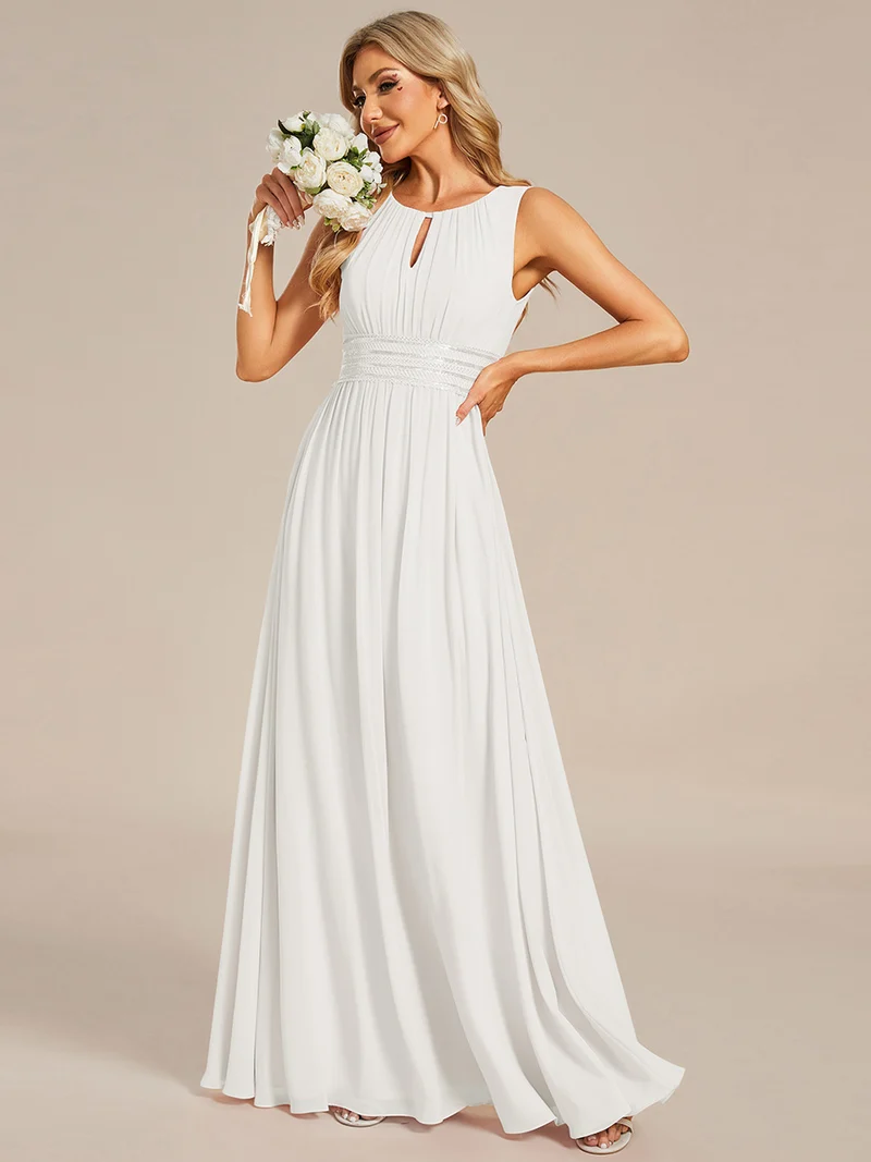 Robe De Demoiselle D'honneur Trapèze Simple Sans Manches En Mousseline Avec Détails Ajourés