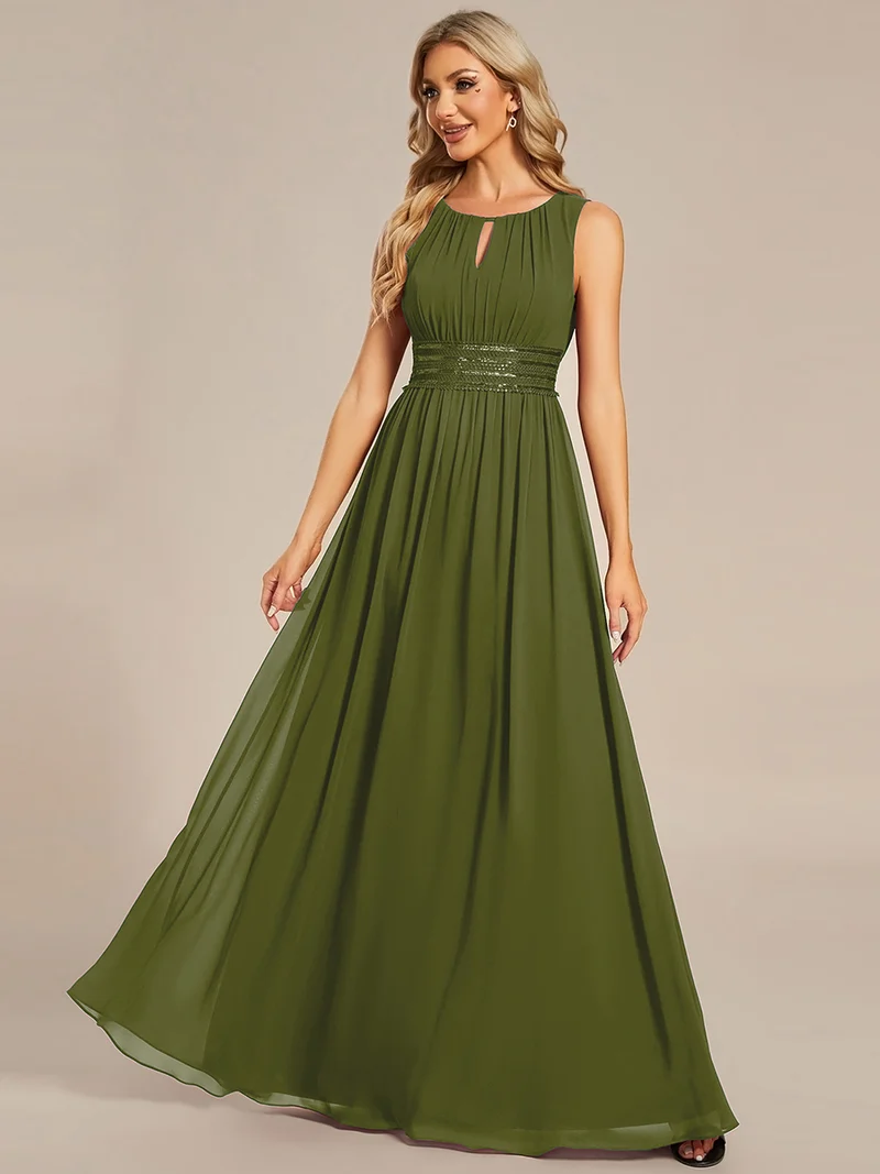 Robe De Demoiselle D'honneur Trapèze Simple Sans Manches En Mousseline Avec Détails Ajourés