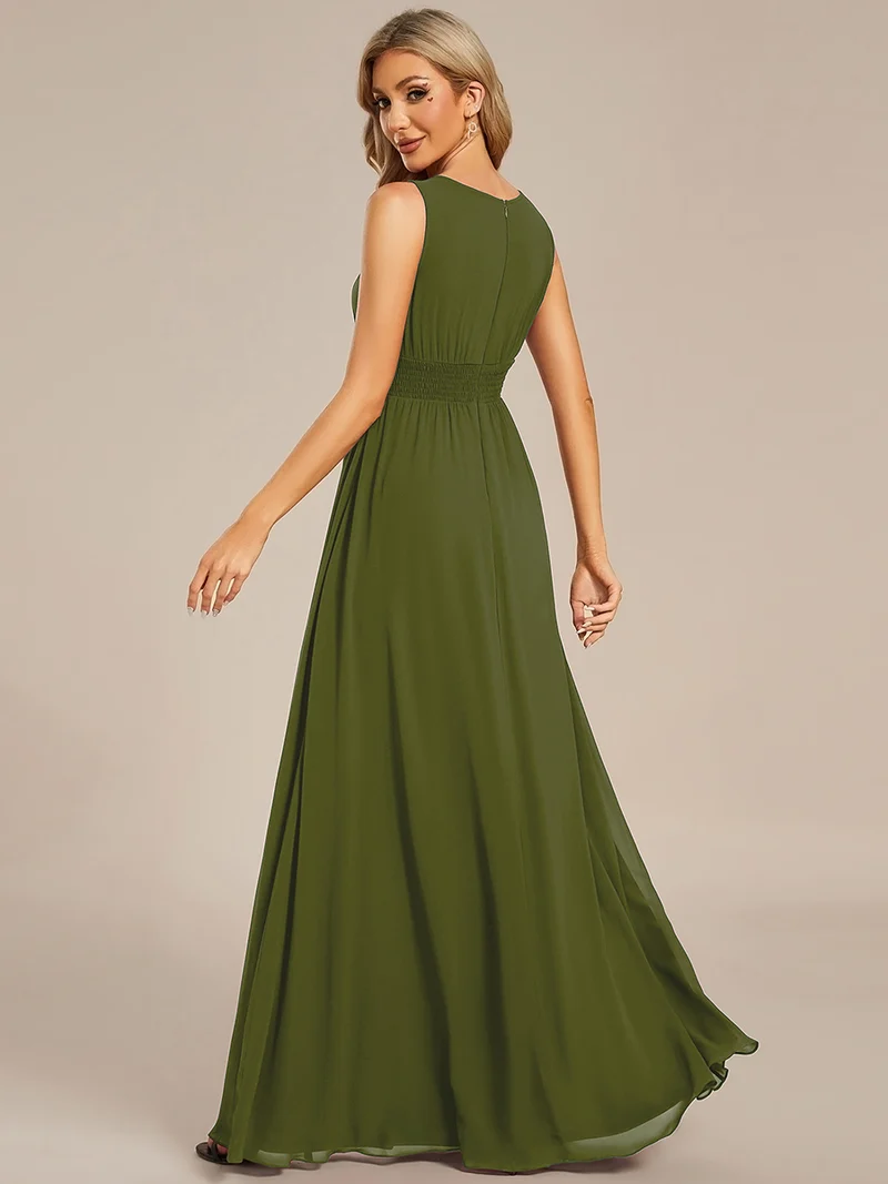 Robe De Demoiselle D'honneur Trapèze Simple Sans Manches En Mousseline Avec Détails Ajourés