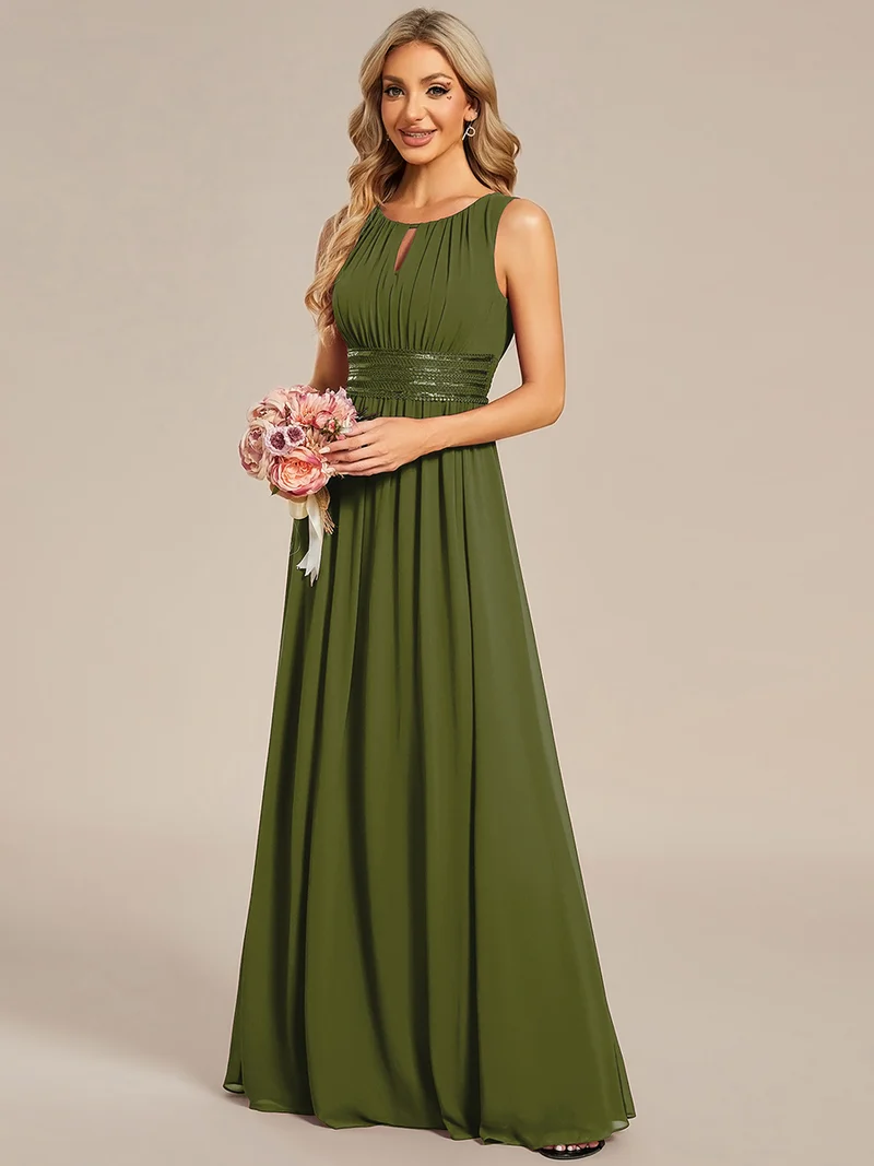 Robe De Demoiselle D'honneur Trapèze Simple Sans Manches En Mousseline Avec Détails Ajourés