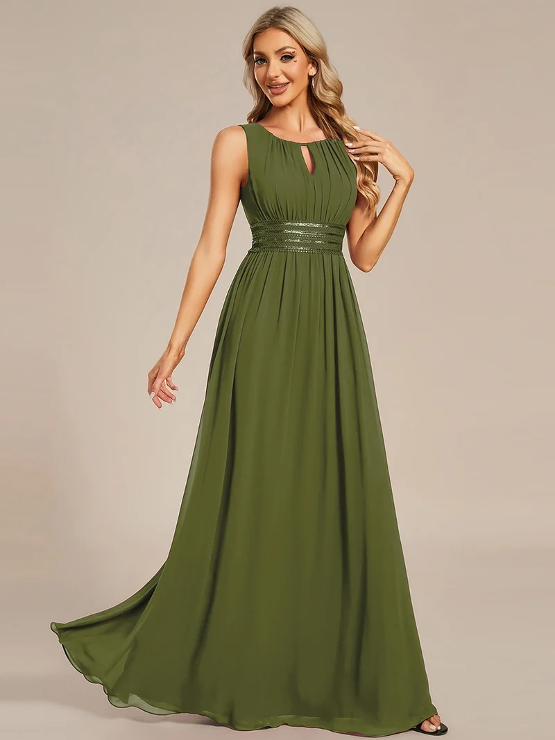 Robe De Demoiselle D'honneur Trapèze Simple Sans Manches En Mousseline Avec Détails Ajourés