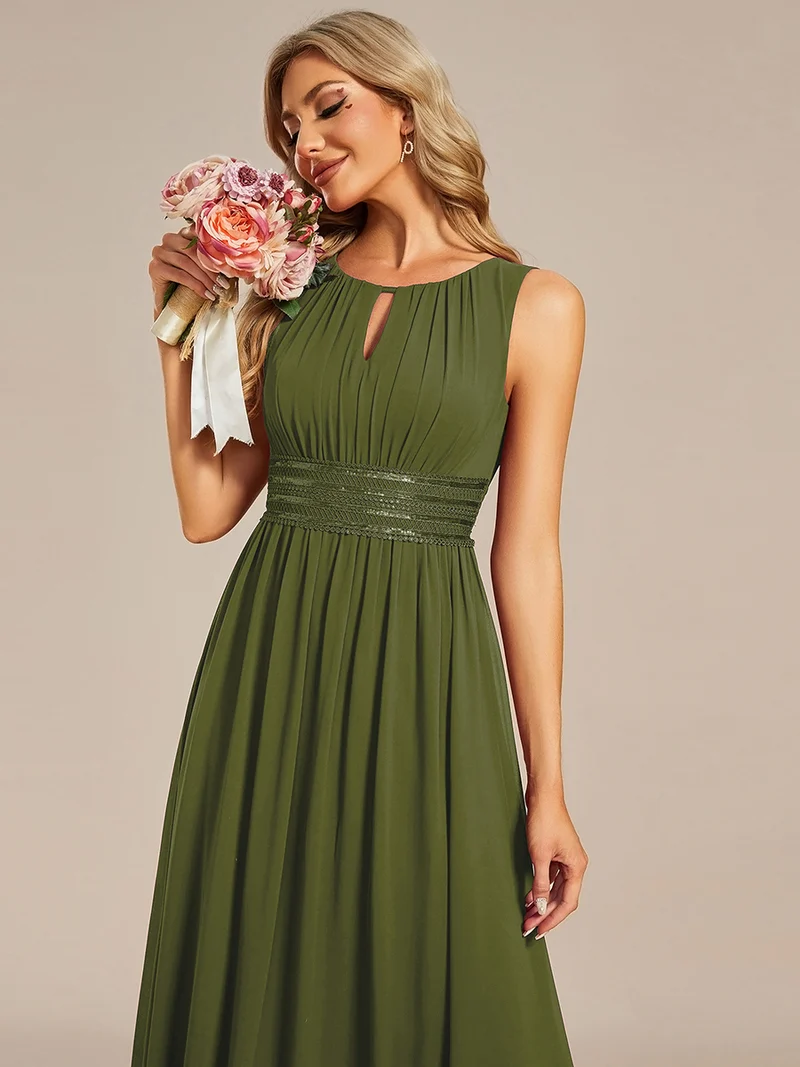Robe De Demoiselle D'honneur Trapèze Simple Sans Manches En Mousseline Avec Détails Ajourés