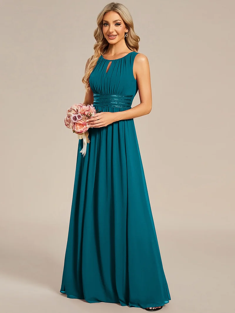 Robe De Demoiselle D'honneur Trapèze Simple Sans Manches En Mousseline Avec Détails Ajourés