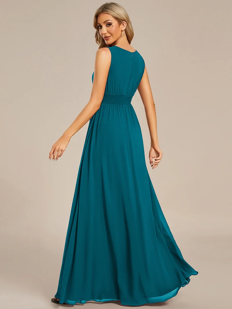 Robe De Demoiselle D'honneur Trapèze Simple Sans Manches En Mousseline Avec Détails Ajourés