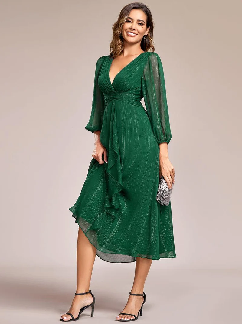ever EMBER|Robe de soirée coupe trapèze scintillante à manches longues et avec col en V en mousseline de soie avec torsadé(Vente finale)