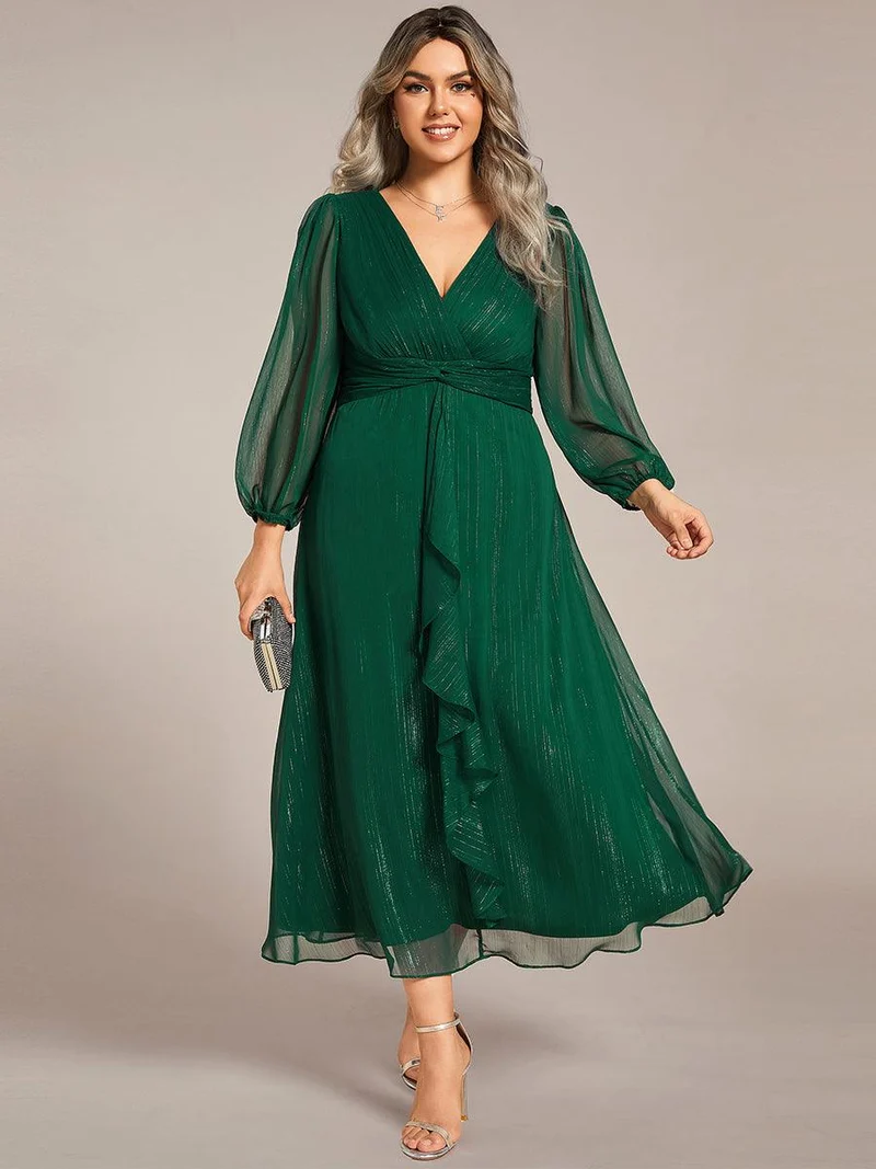 ever EMBER|Robe de soirée coupe trapèze scintillante à manches longues et avec col en V en mousseline de soie avec torsadé(Vente finale)