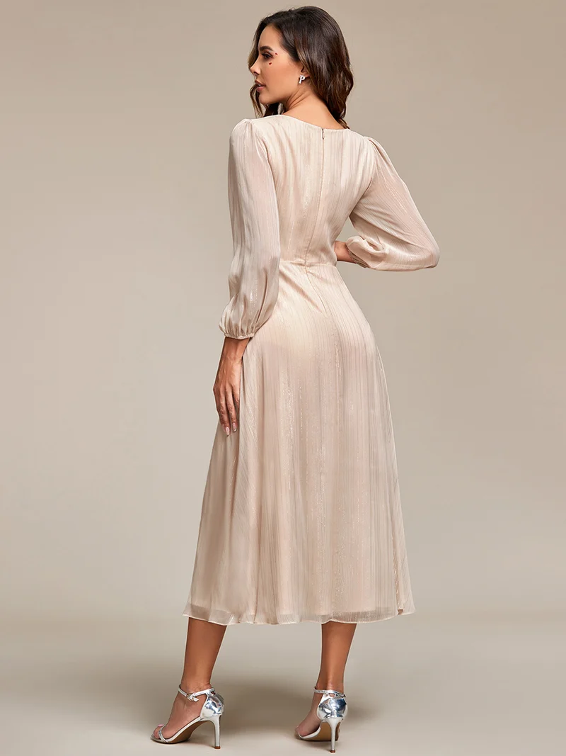 ever EMBER|Robe de soirée coupe trapèze scintillante à manches longues et avec col en V en mousseline de soie avec torsadé(Vente finale)