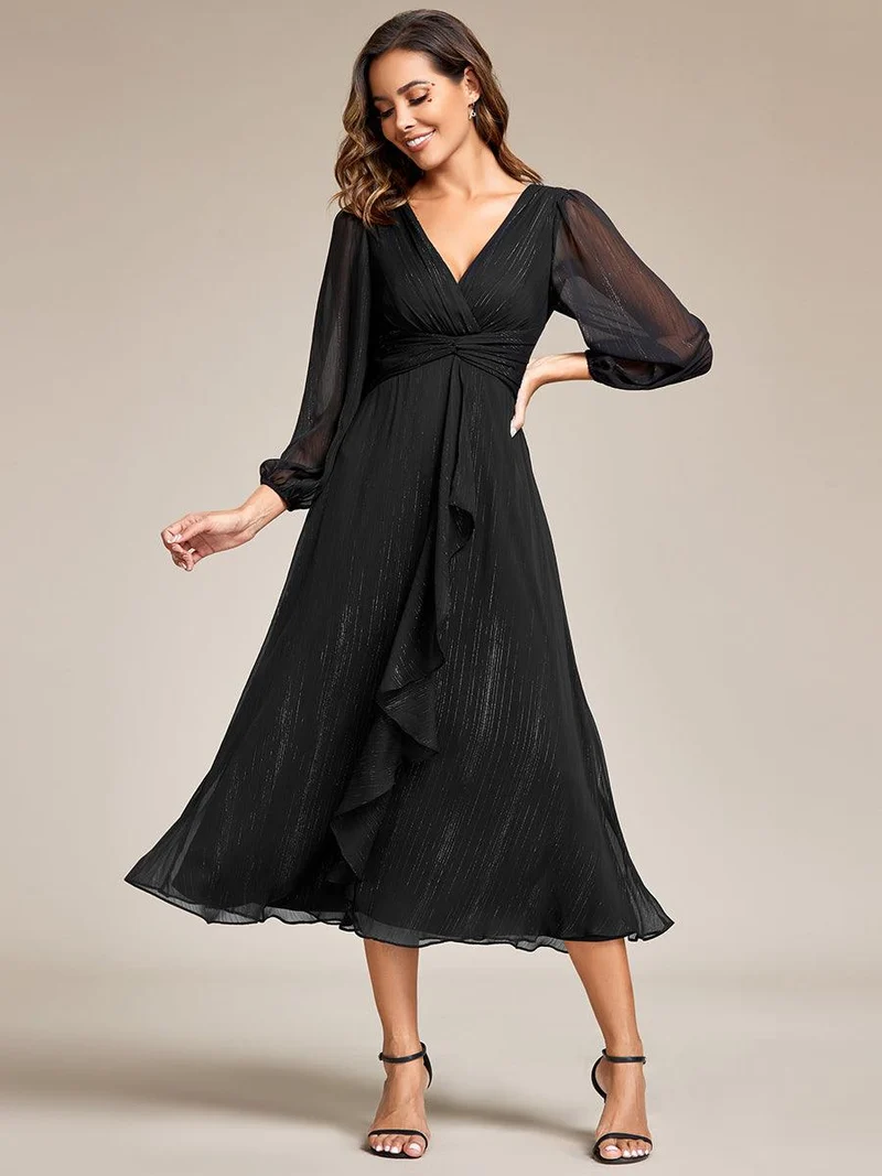 ever EMBER|Robe de soirée coupe trapèze scintillante à manches longues et avec col en V en mousseline de soie avec torsadé(Vente finale)
