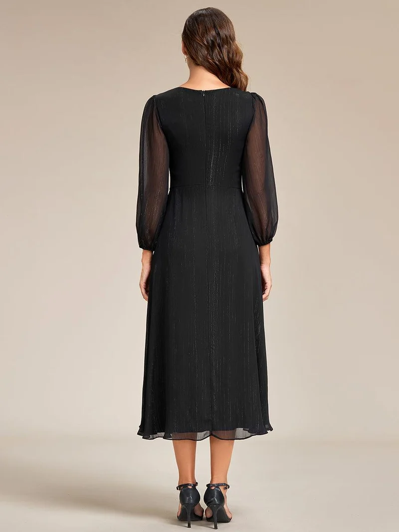 ever EMBER|Robe de soirée coupe trapèze scintillante à manches longues et avec col en V en mousseline de soie avec torsadé(Vente finale)