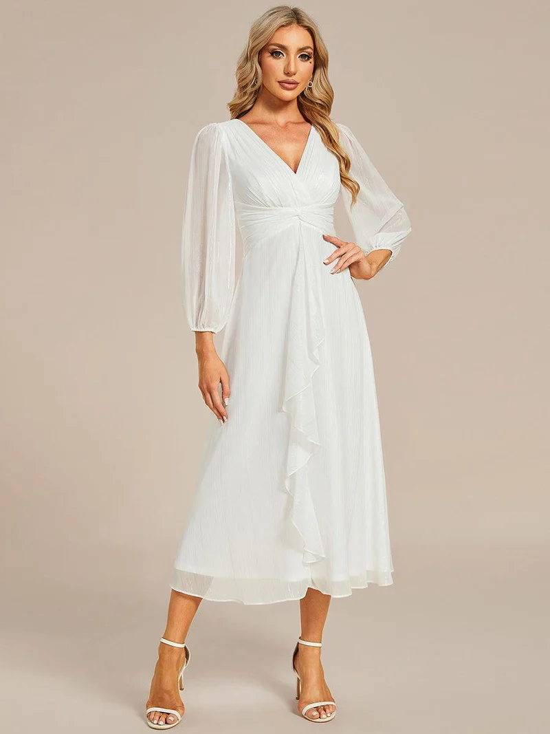 ever EMBER|Robe de soirée coupe trapèze scintillante à manches longues et avec col en V en mousseline de soie avec torsadé(Vente finale)