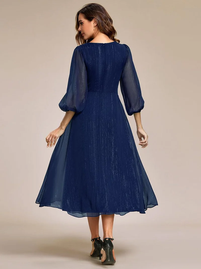 ever EMBER|Robe de soirée coupe trapèze scintillante à manches longues et avec col en V en mousseline de soie avec torsadé(Vente finale)