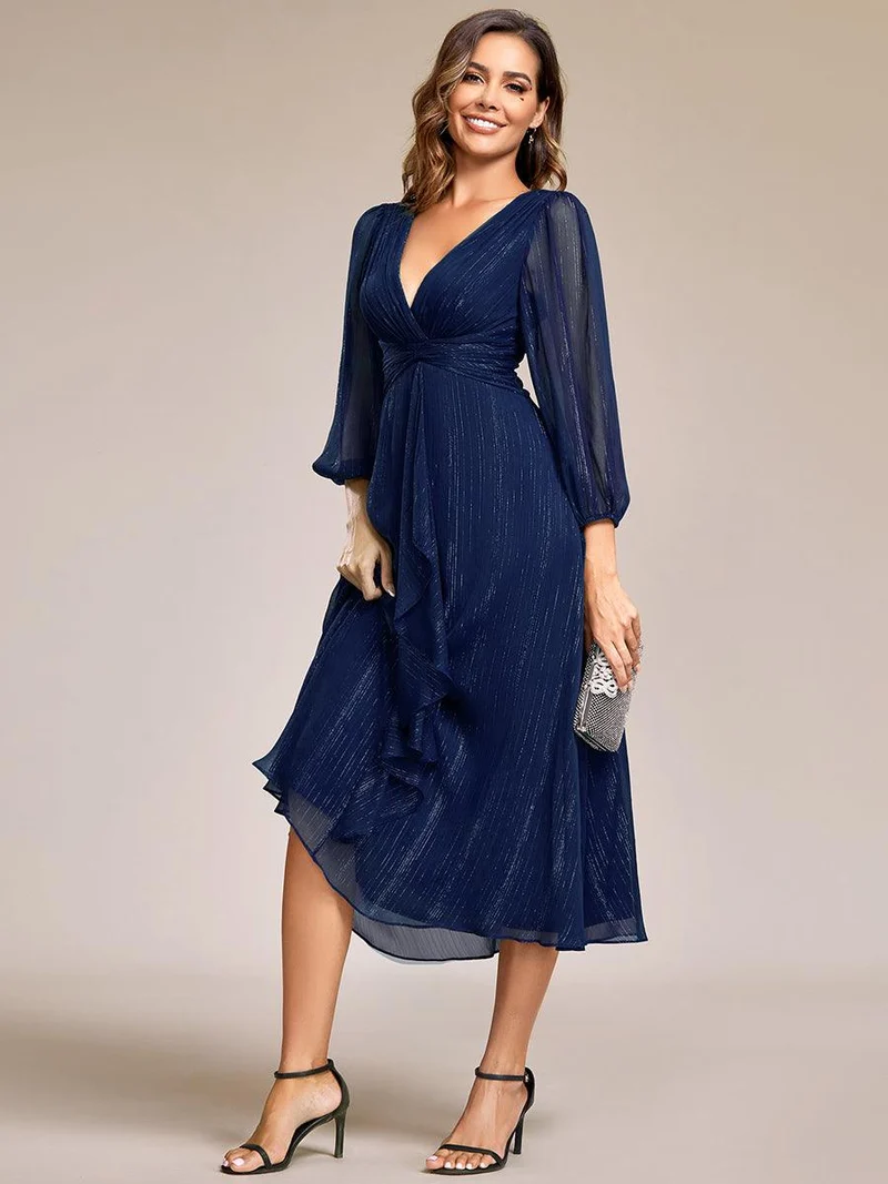 ever EMBER|Robe de soirée coupe trapèze scintillante à manches longues et avec col en V en mousseline de soie avec torsadé(Vente finale)