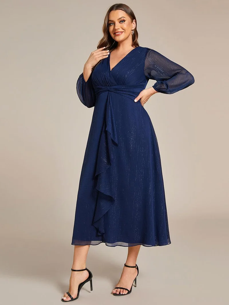 ever EMBER|Robe de soirée coupe trapèze scintillante à manches longues et avec col en V en mousseline de soie avec torsadé(Vente finale)