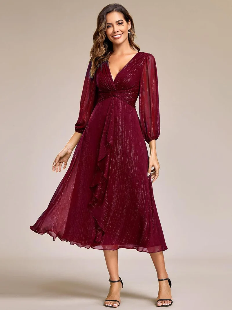 ever EMBER|Robe de soirée coupe trapèze scintillante à manches longues et avec col en V en mousseline de soie avec torsadé(Vente finale)