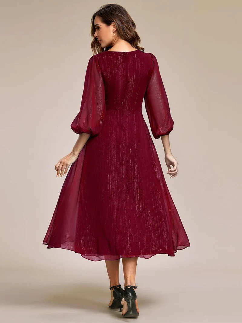 ever EMBER|Robe de soirée coupe trapèze scintillante à manches longues et avec col en V en mousseline de soie avec torsadé(Vente finale)