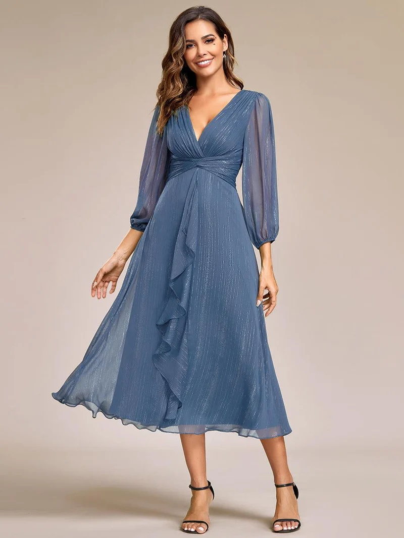 ever EMBER|Robe de soirée coupe trapèze scintillante à manches longues et avec col en V en mousseline de soie avec torsadé(Vente finale)