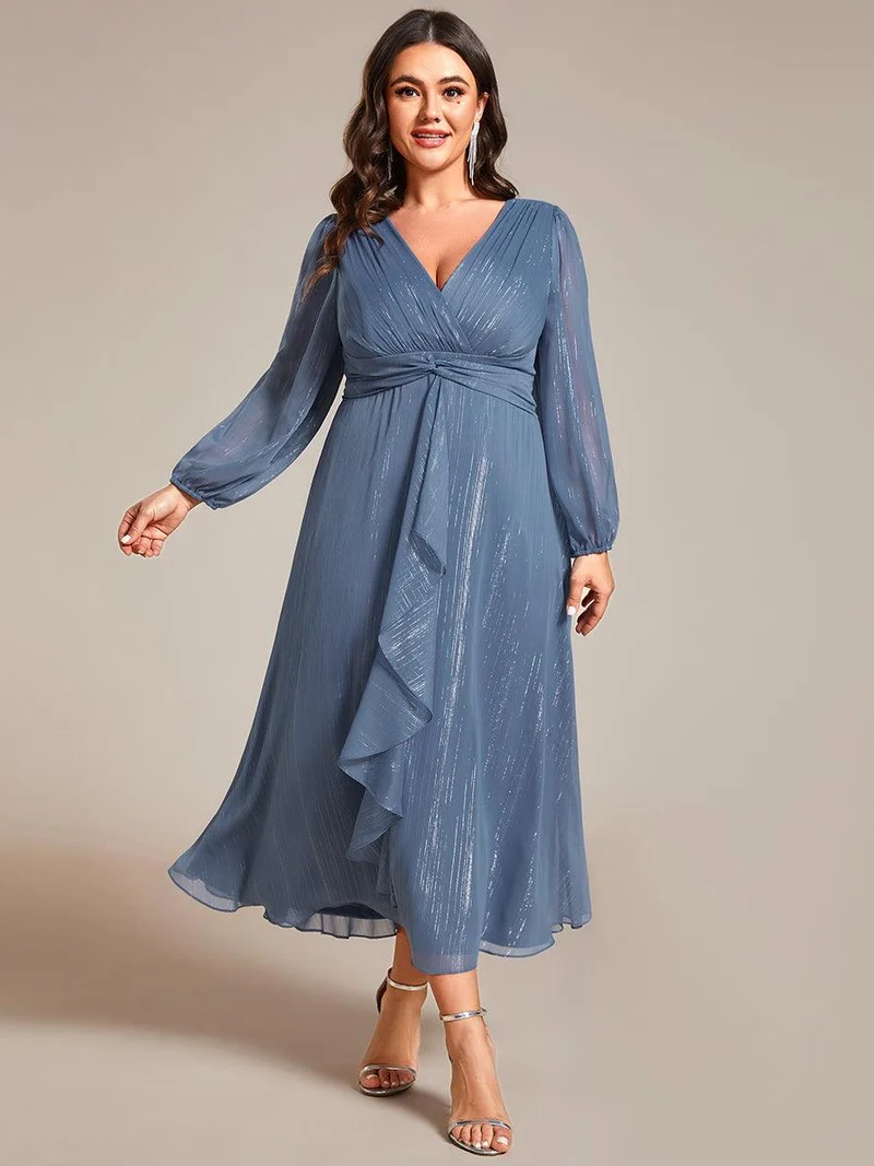 ever EMBER|Robe de soirée coupe trapèze scintillante à manches longues et avec col en V en mousseline de soie avec torsadé(Vente finale)