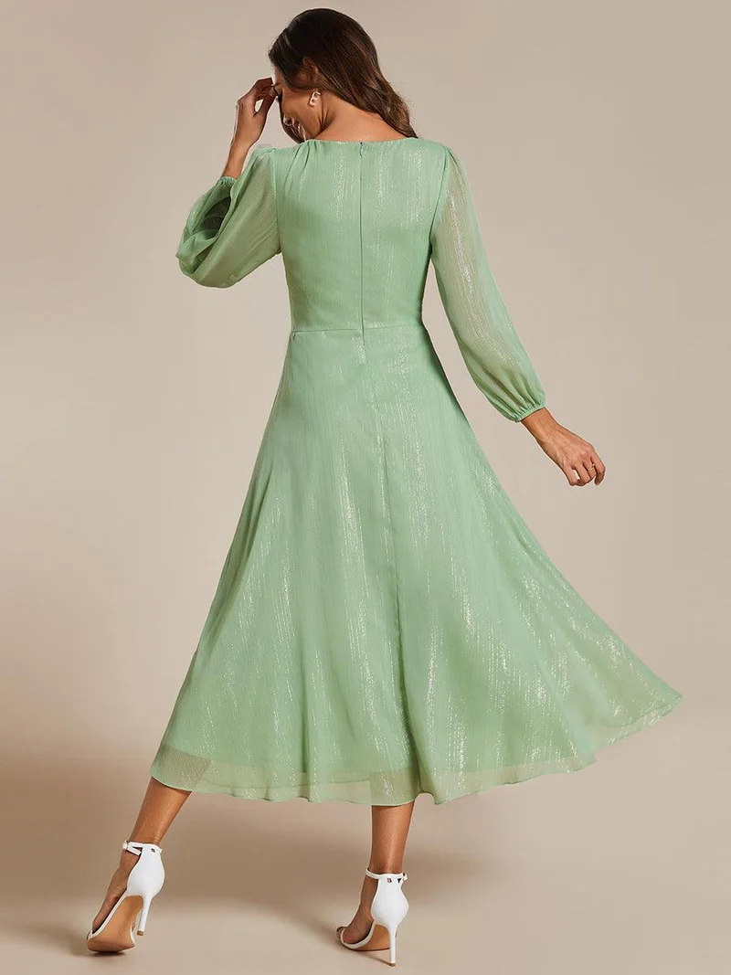 ever EMBER|Robe de soirée coupe trapèze scintillante à manches longues et avec col en V en mousseline de soie avec torsadé(Vente finale)