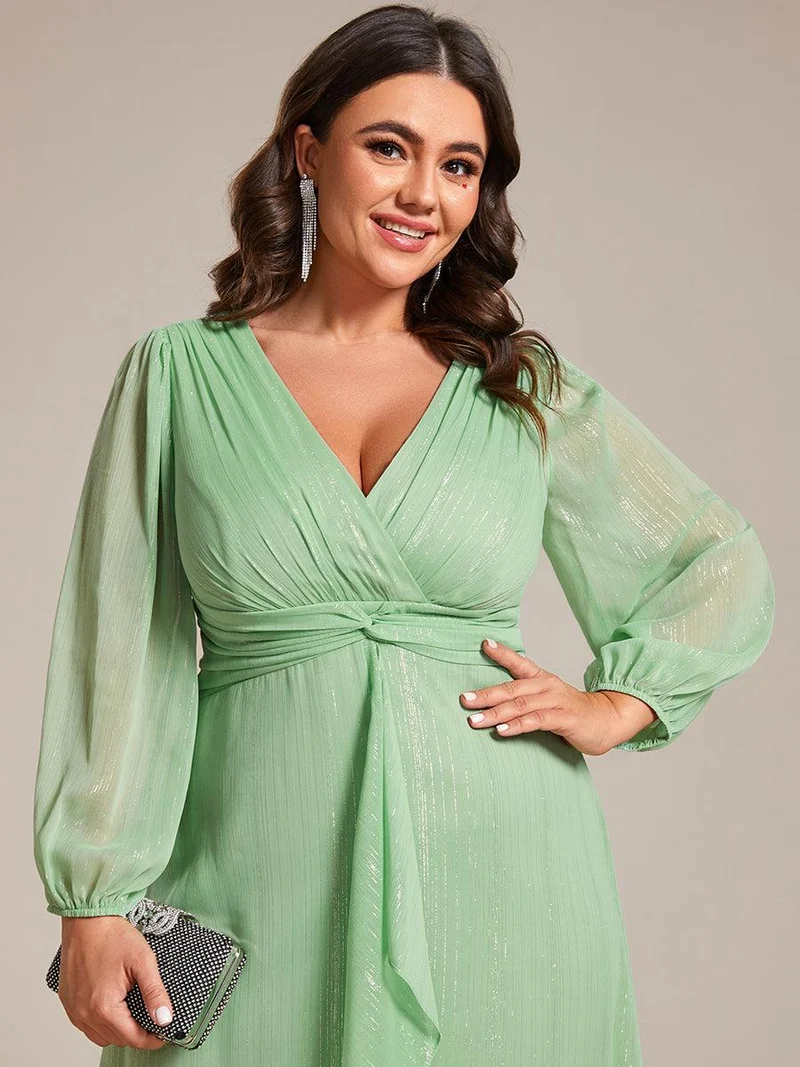 ever EMBER|Robe de soirée coupe trapèze scintillante à manches longues et avec col en V en mousseline de soie avec torsadé(Vente finale)