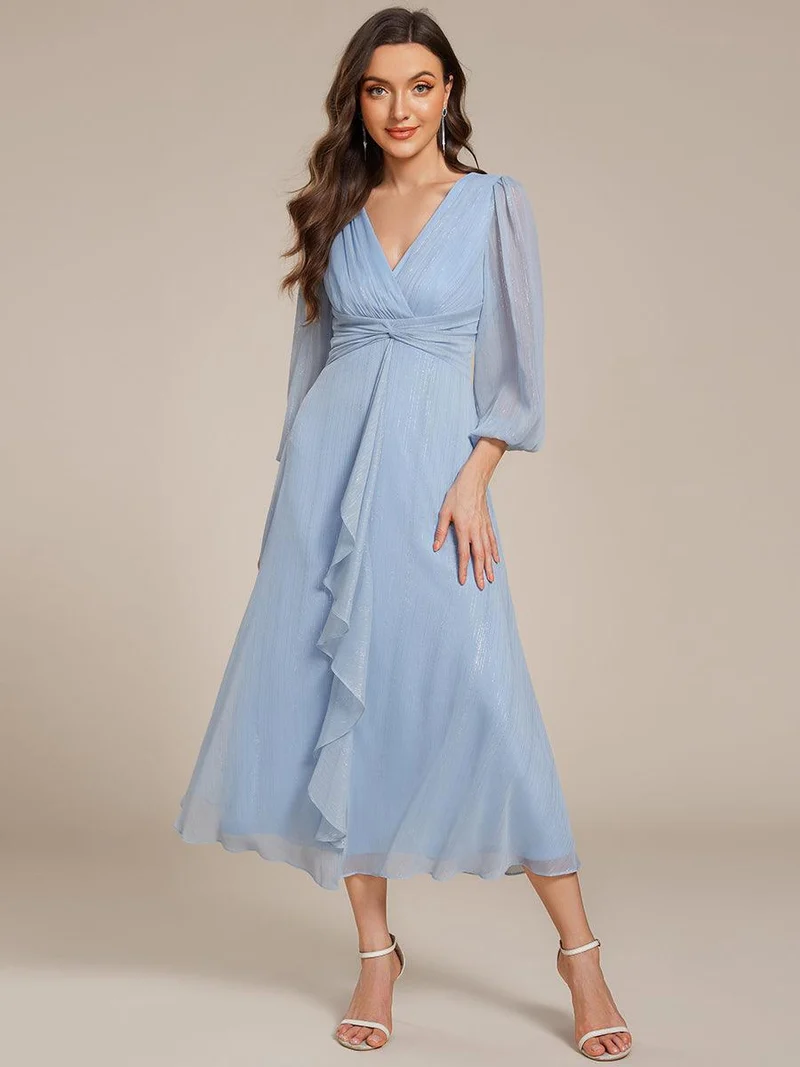 ever EMBER|Robe de soirée coupe trapèze scintillante à manches longues et avec col en V en mousseline de soie avec torsadé(Vente finale)