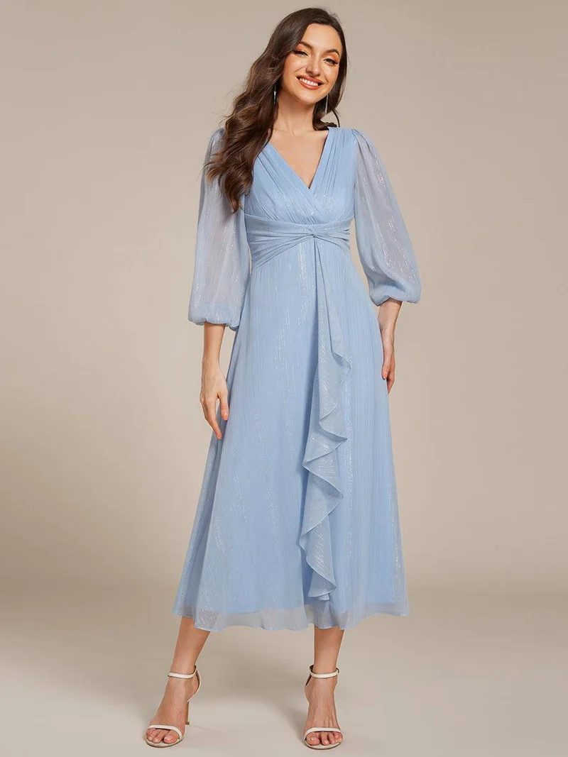 ever EMBER|Robe de soirée coupe trapèze scintillante à manches longues et avec col en V en mousseline de soie avec torsadé(Vente finale)