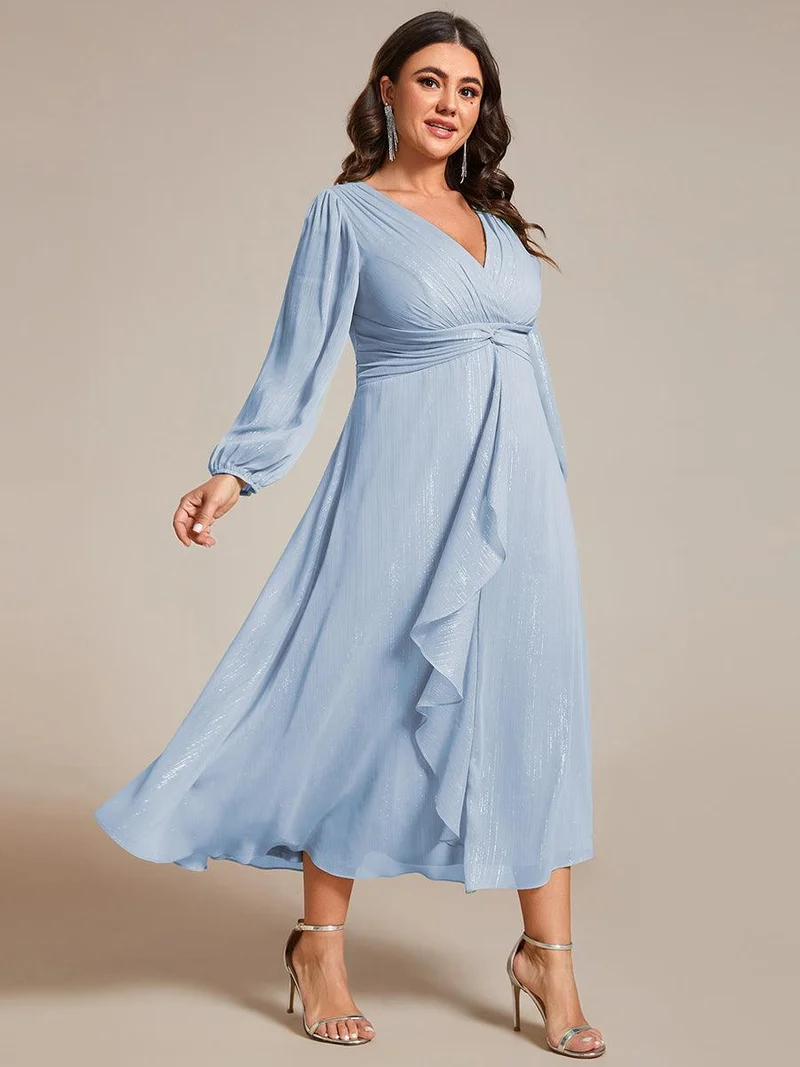ever EMBER|Robe de soirée coupe trapèze scintillante à manches longues et avec col en V en mousseline de soie avec torsadé(Vente finale)