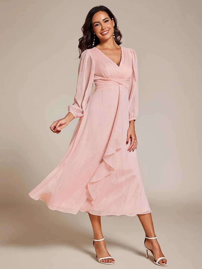 ever EMBER|Robe de soirée coupe trapèze scintillante à manches longues et avec col en V en mousseline de soie avec torsadé(Vente finale)