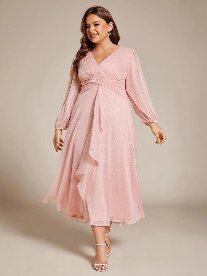 pretty EMBER|Robe de soirée grande taille trapèze scintillante à manches longues et col V en mousseline de soie torsadé(Vente finale)