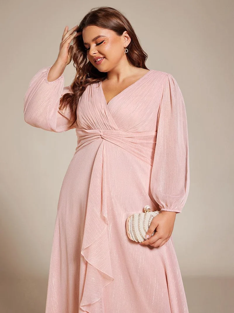pretty EMBER|Robe de soirée grande taille trapèze scintillante à manches longues et col V en mousseline de soie torsadé(Vente finale)