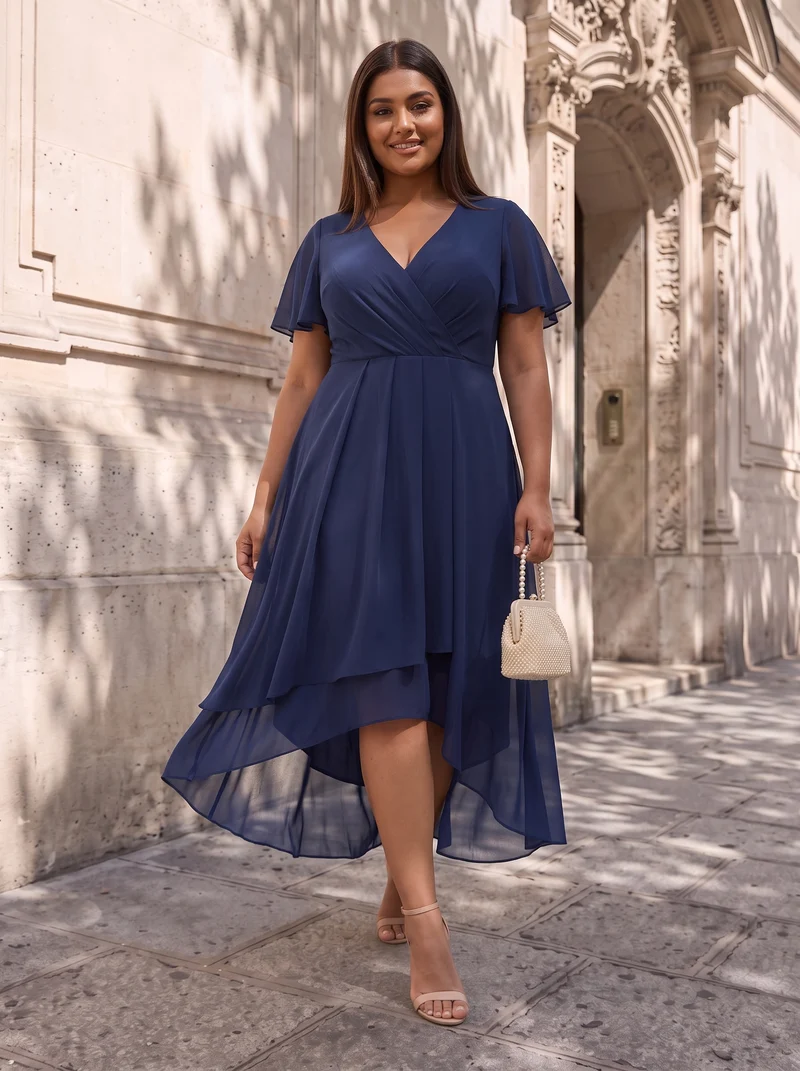 pretty LARK|Grande Taille Robe Dinvit De Mariage Mi-Longue Plisse En Mousseline De Soie Manches Courtes Et Col En V De