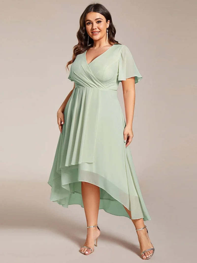 pretty LARK|Grande Taille Robe Dinvit De Mariage Mi-Longue Plisse En Mousseline De Soie Manches Courtes Et Col En V De