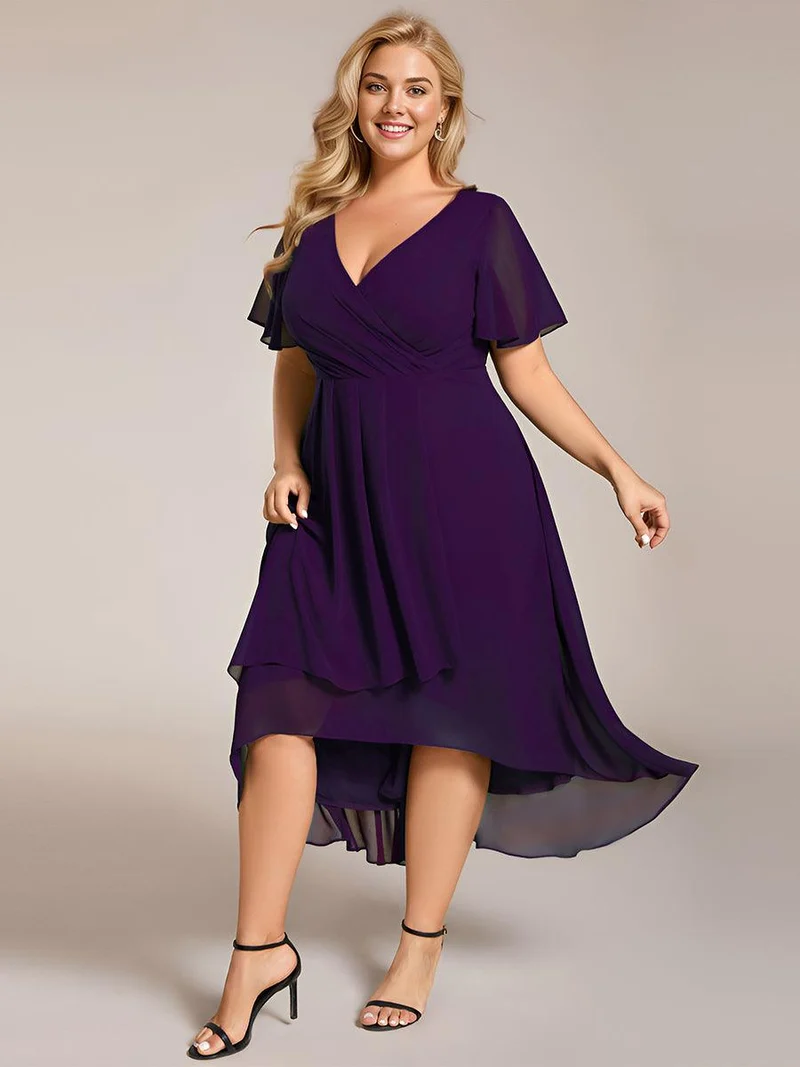 pretty LARK|Grande Taille Robe Dinvit De Mariage Mi-Longue Plisse En Mousseline De Soie Manches Courtes Et Col En V De