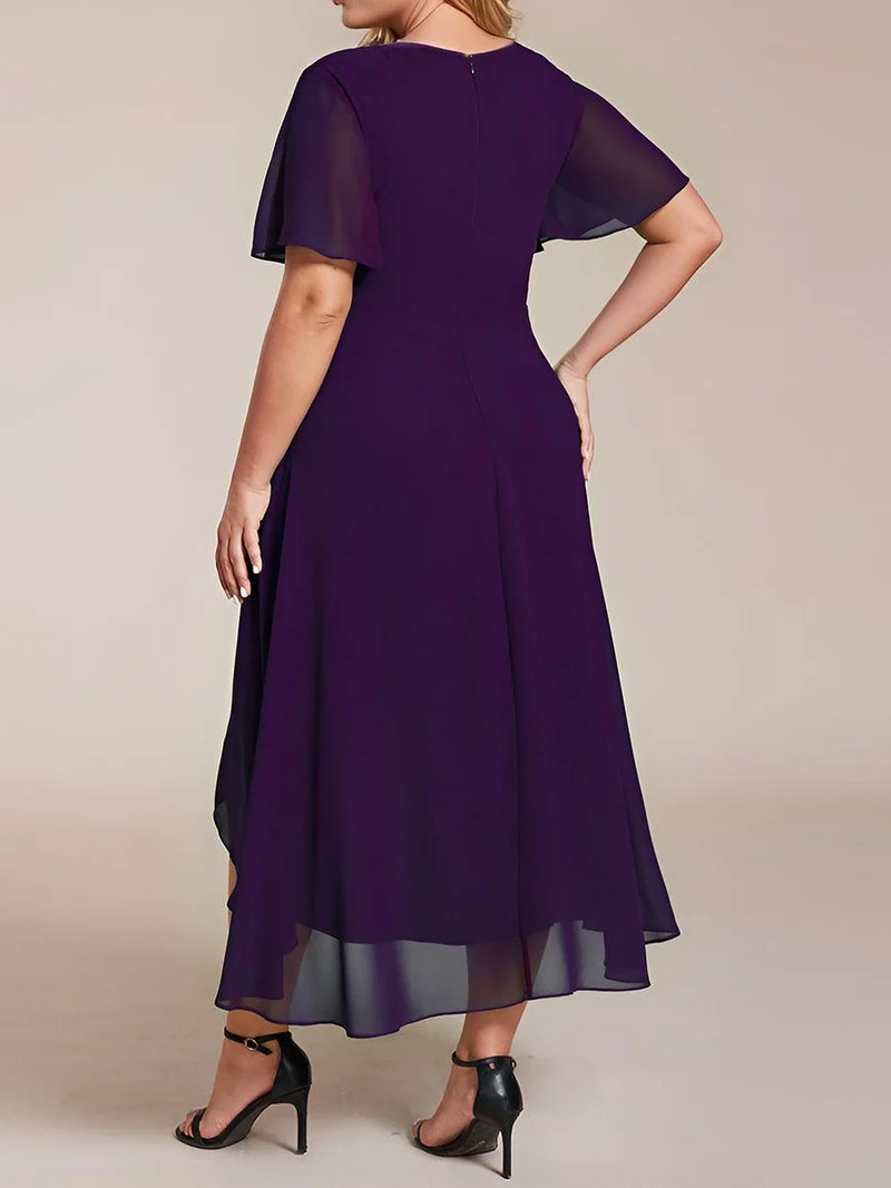 pretty LARK|Grande Taille Robe Dinvit De Mariage Mi-Longue Plisse En Mousseline De Soie Manches Courtes Et Col En V De