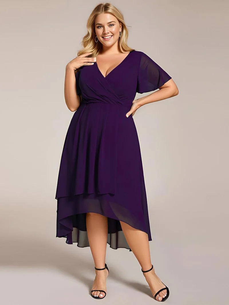 pretty LARK|Grande Taille Robe Dinvit De Mariage Mi-Longue Plisse En Mousseline De Soie Manches Courtes Et Col En V De