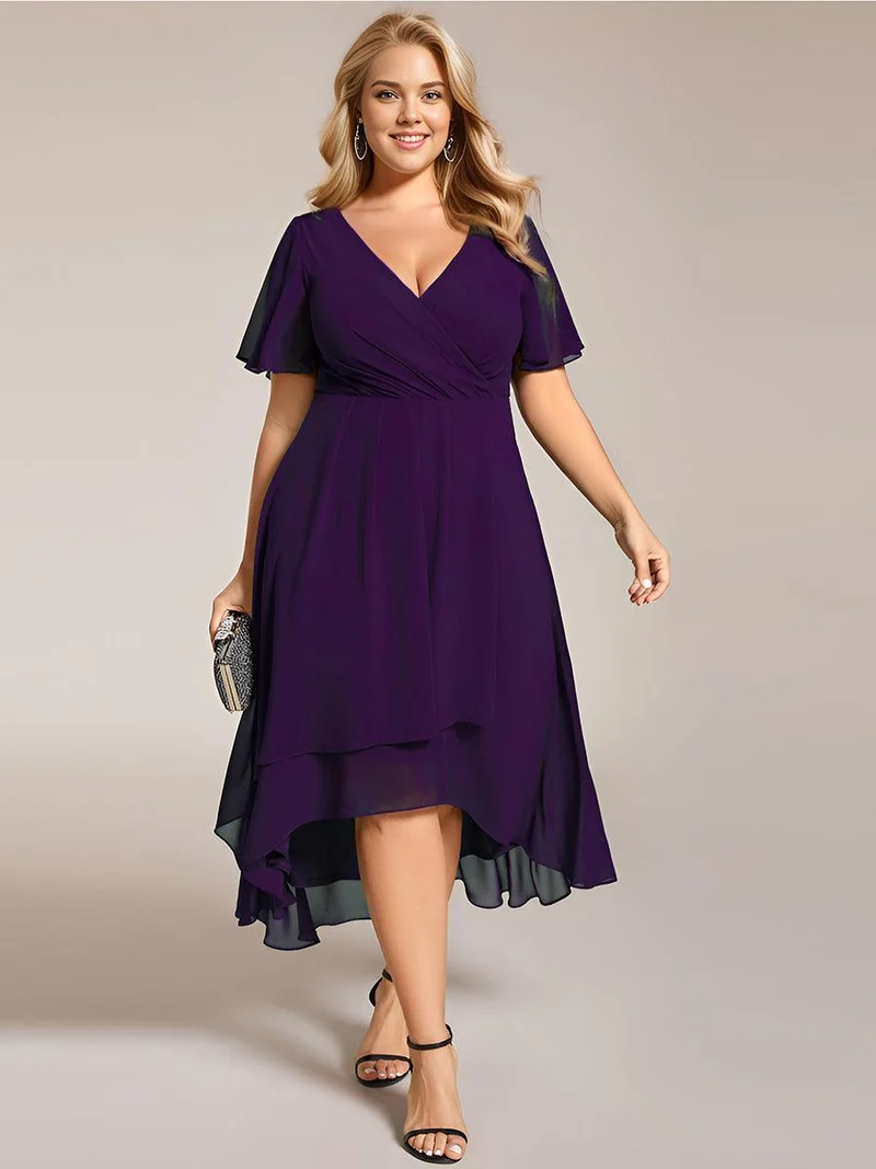 pretty LARK|Grande Taille Robe Dinvit De Mariage Mi-Longue Plisse En Mousseline De Soie Manches Courtes Et Col En V De