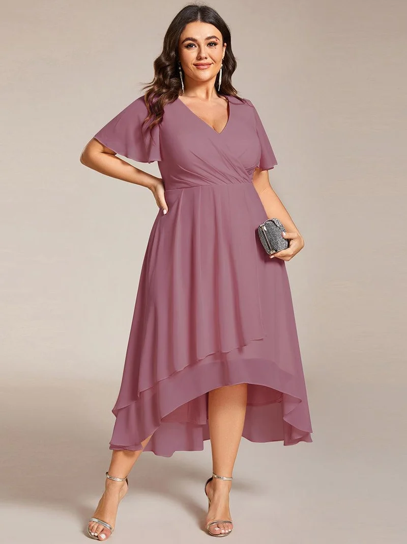 pretty LARK|Grande Taille Robe Dinvit De Mariage Mi-Longue Plisse En Mousseline De Soie Manches Courtes Et Col En V De