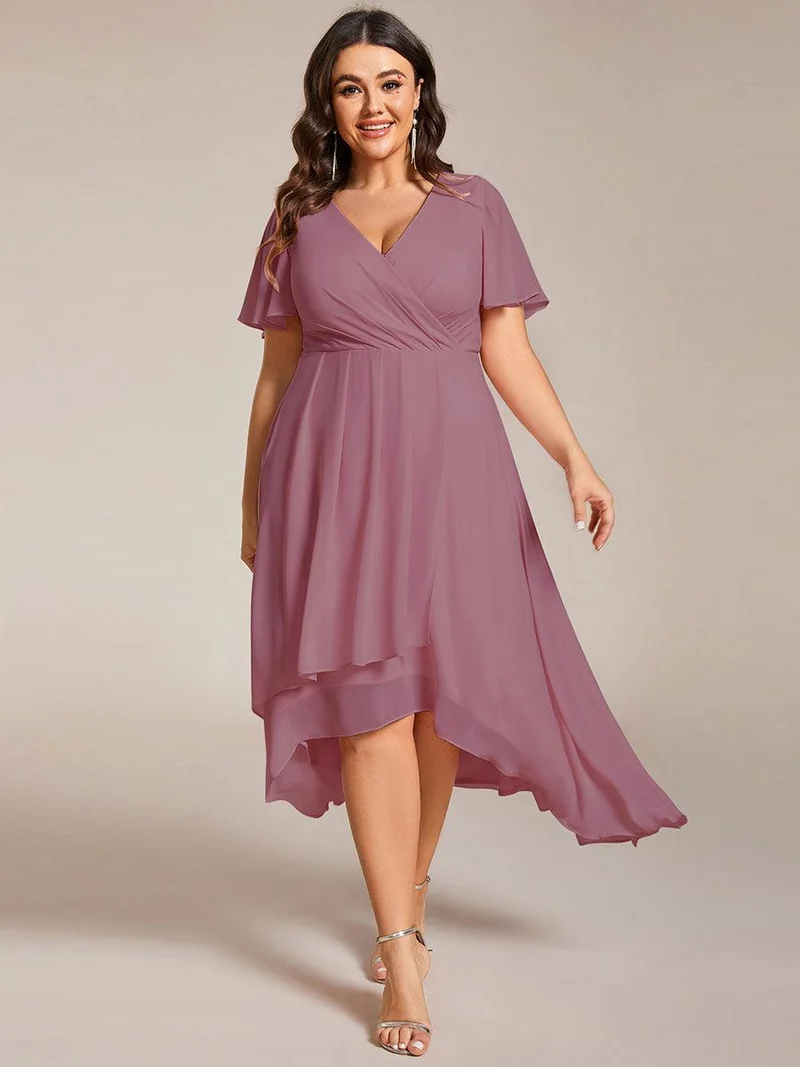 pretty LARK|Grande Taille Robe Dinvit De Mariage Mi-Longue Plisse En Mousseline De Soie Manches Courtes Et Col En V De