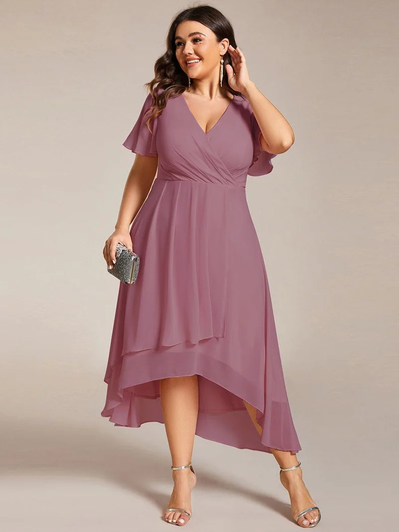pretty LARK|Grande Taille Robe Dinvit De Mariage Mi-Longue Plisse En Mousseline De Soie Manches Courtes Et Col En V De