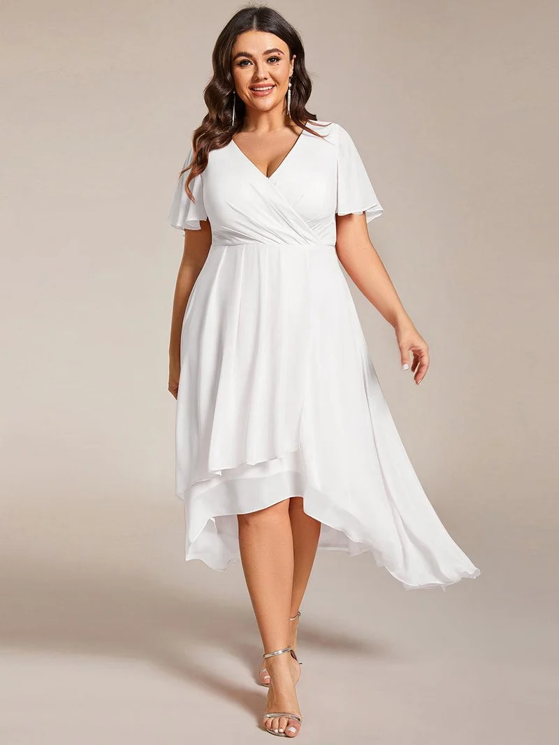 pretty LARK|Grande Taille Robe Dinvit De Mariage Mi-Longue Plisse En Mousseline De Soie Manches Courtes Et Col En V De