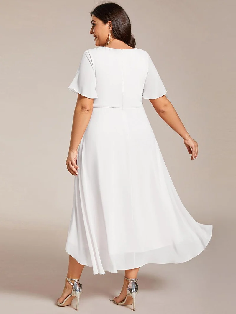 pretty LARK|Grande Taille Robe Dinvit De Mariage Mi-Longue Plisse En Mousseline De Soie Manches Courtes Et Col En V De