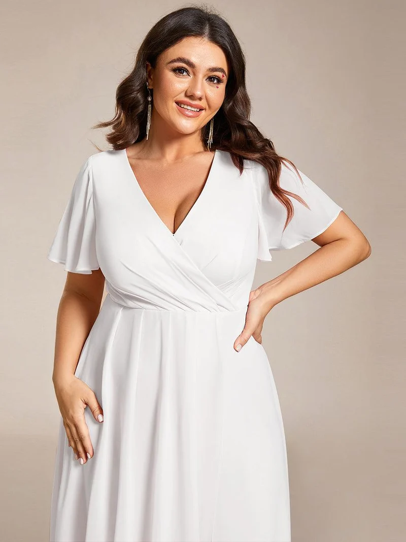 pretty LARK|Grande Taille Robe Dinvit De Mariage Mi-Longue Plisse En Mousseline De Soie Manches Courtes Et Col En V De