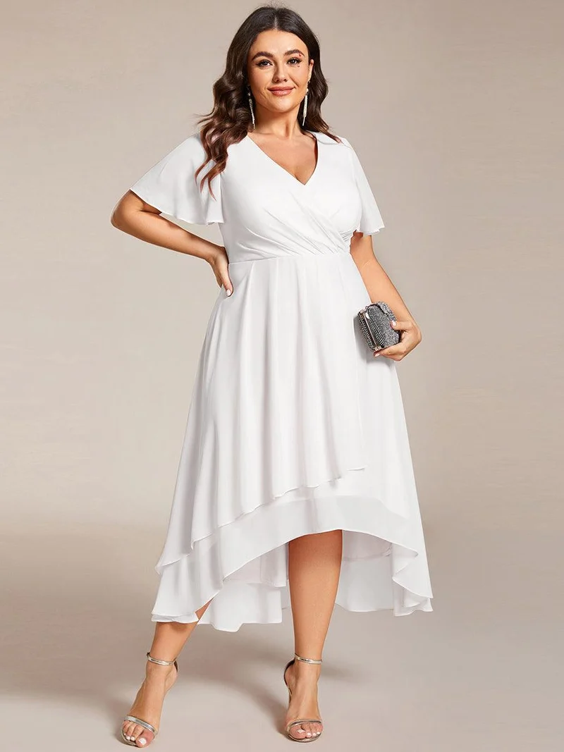 pretty LARK|Grande Taille Robe Dinvit De Mariage Mi-Longue Plisse En Mousseline De Soie Manches Courtes Et Col En V De