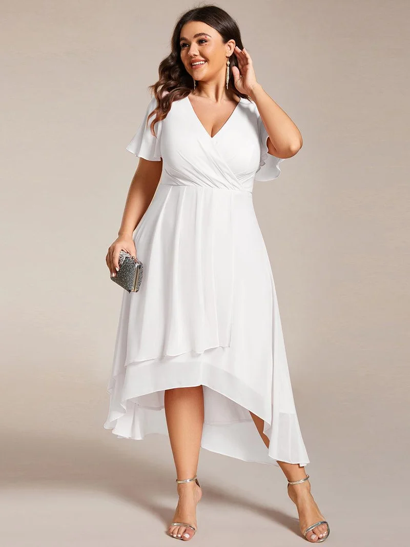 pretty LARK|Grande Taille Robe Dinvit De Mariage Mi-Longue Plisse En Mousseline De Soie Manches Courtes Et Col En V De