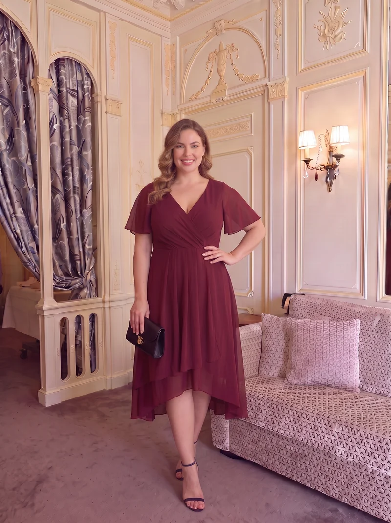 pretty LARK|Grande Taille Robe Dinvit De Mariage Mi-Longue Plisse En Mousseline De Soie Manches Courtes Et Col En V De